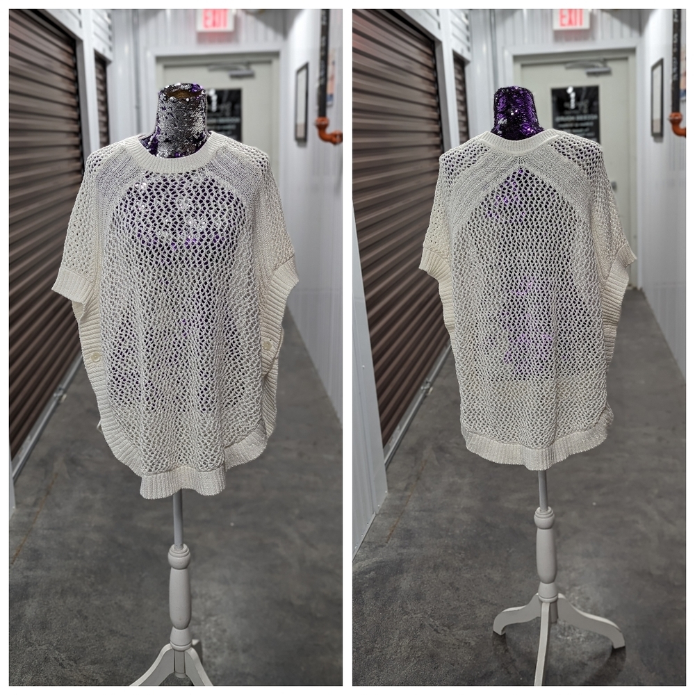 Talbots Sweater Resortcore Large White Short Sleeve Poncho Open Knit Sweater
